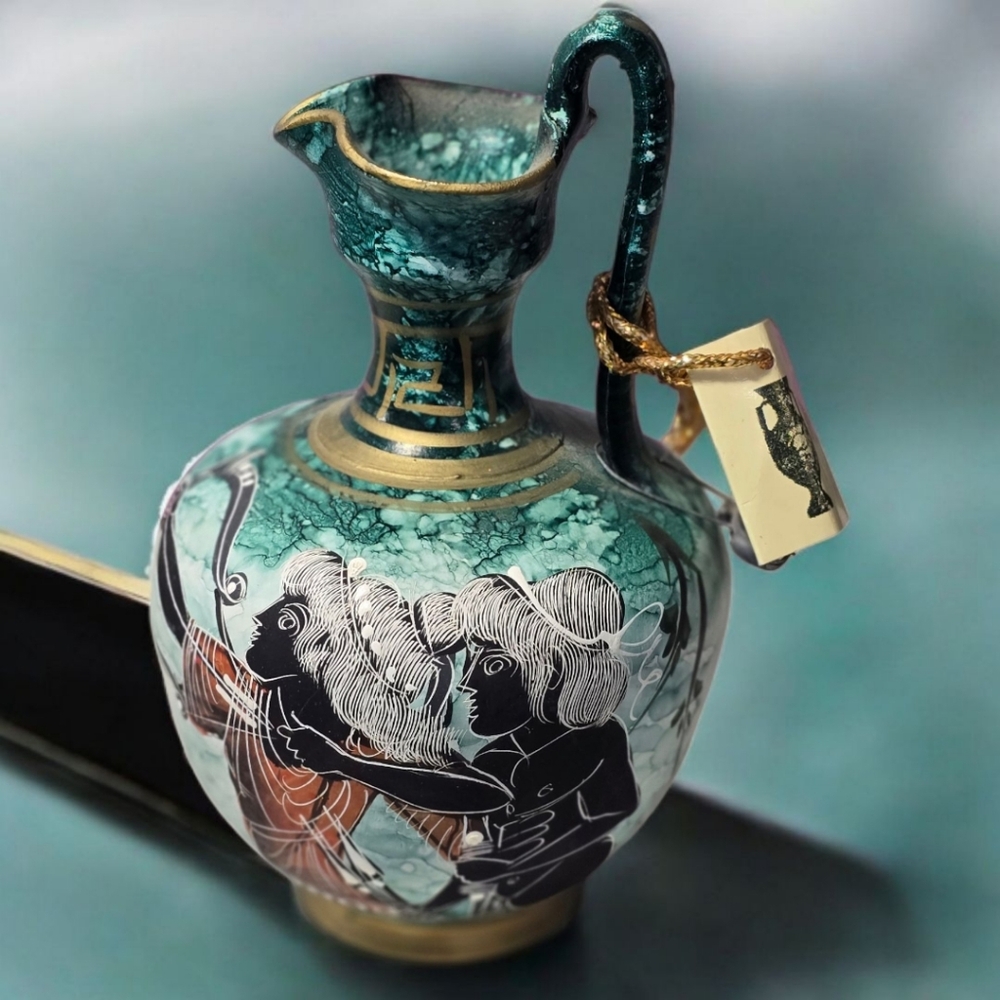Ancient Greek Art Ceramic vase hand painted and decorated  - Teal Vintage